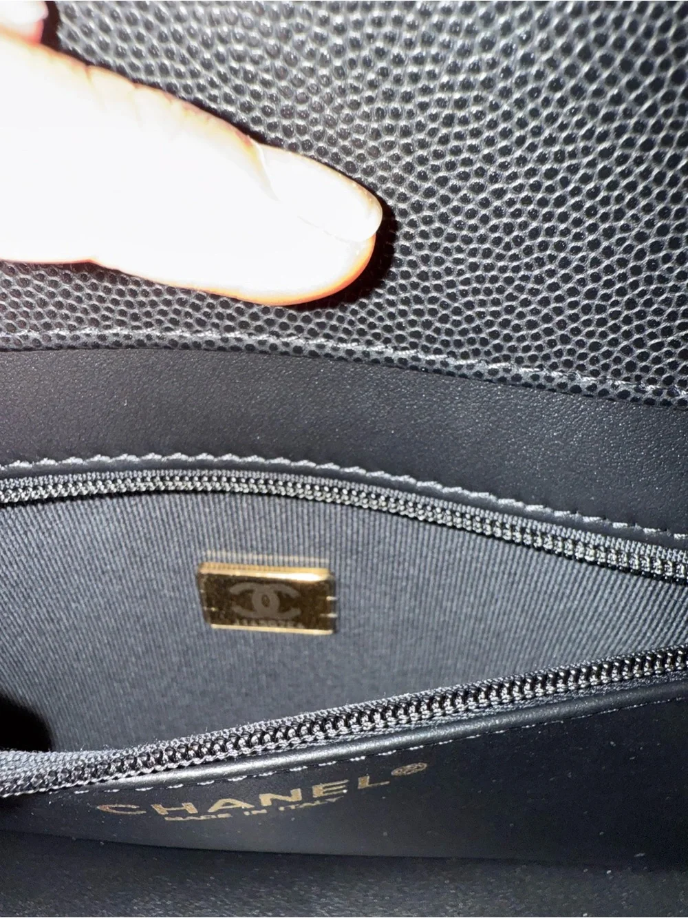 CHANEL Black Shiny Caviar Shoulder Bag with Gold CC